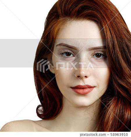Portrait of ginger female face before and after rejuvenation. 58963910