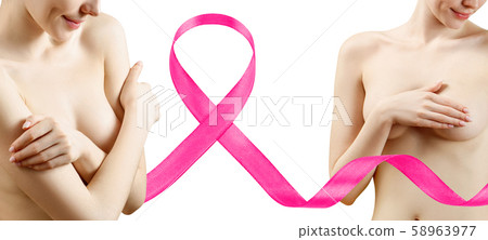 Collage of young woman covers her breast near big pink ribbon. 58963977