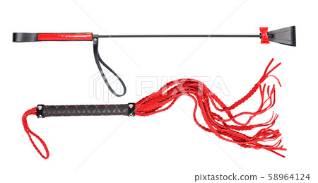 Collage of leather black and red whips for sex games. 58964124