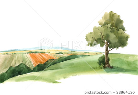 Watercolor scenery landscape view paysage with green field and tree Watercolor scenery landscape view paysage with green field and tree 58964150