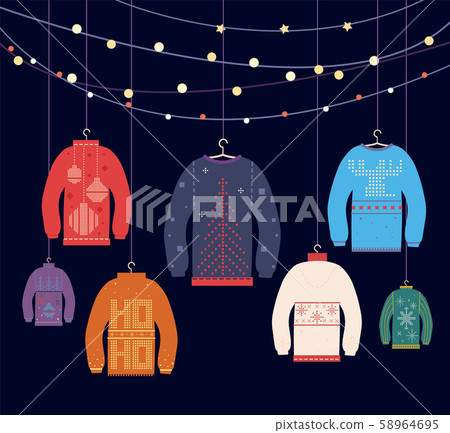Ugly sweater. Christmas sweaters with different cute prints and ornaments, new years party greeting 58964695