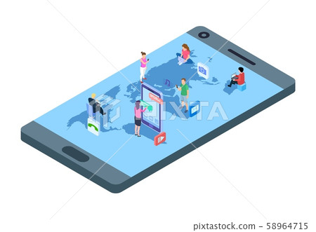 Social media concept. Isometric people with phones, laptop on world map. Worldwide communication 58964715
