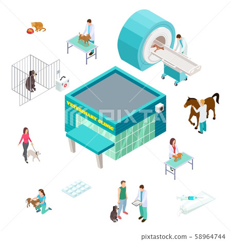 Pet care concept. Isometric veterinary clinic isolated on white background. Veterinarian volunteer 58964744