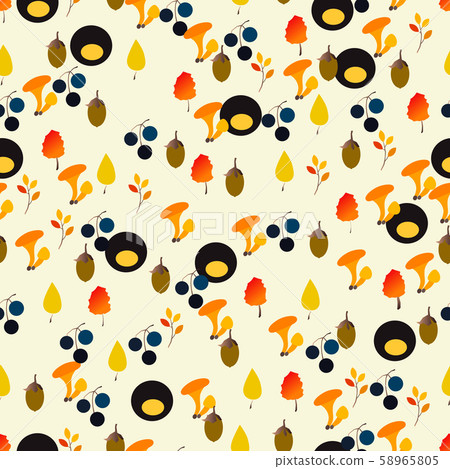 Autumn vector seamless pattern with berries, acorns, pine cone, mushrooms, branches and leaves. Autumn vector seamless pattern with berries, acorns, pine cone, mushrooms, branches and leaves. 58965805