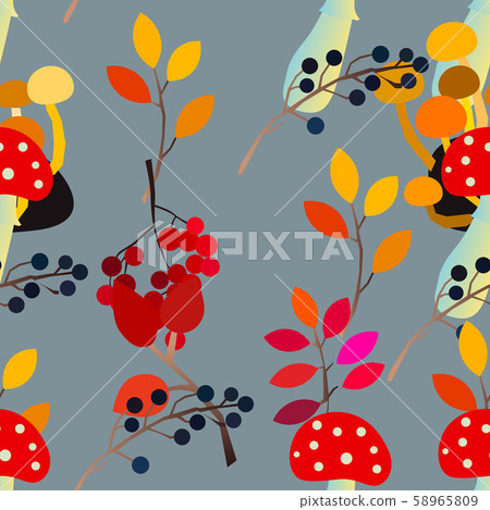 Autumn vector seamless pattern with berries, acorns, pine cone, mushrooms, branches and leaves. 58965809