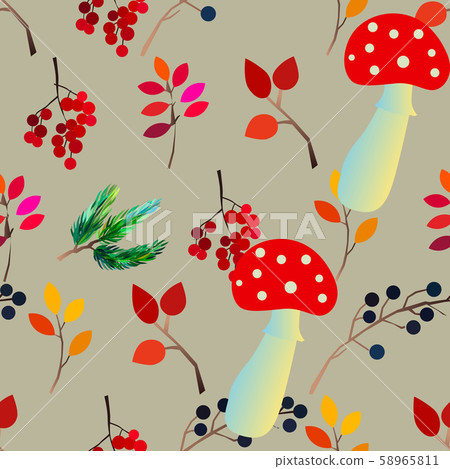 Autumn vector seamless pattern with berries, acorns, pine cone, mushrooms, branches and leaves. 58965811
