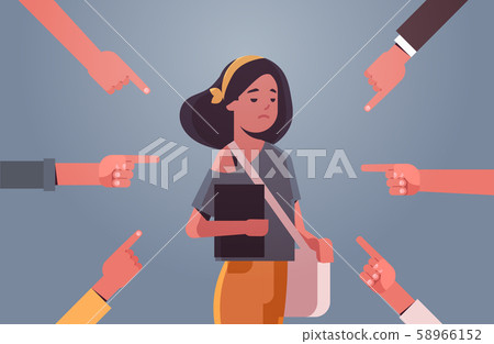 depressed girl student being bullied surrounded by hands fingers mocking her peer violence bullying 58966152