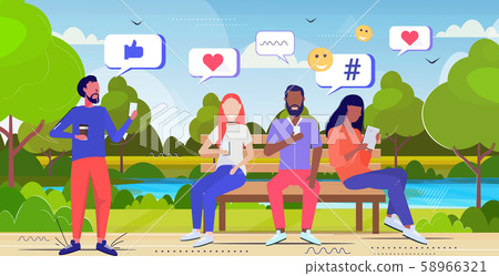 people using online mobile app social media network chat bubble communication concept mix race men 58966321
