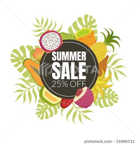 Summer Sale Banner Template with Sweet Fresh Ripe Tropical Fruits Vector Illustration 58966532