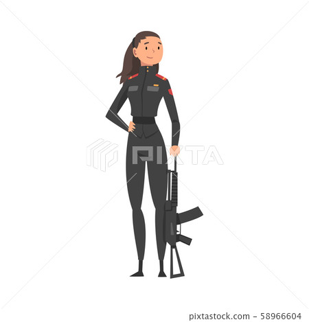 Young Woman Officer in Black Uniform with Assault Rifle, Professional Military Female Character 58966604