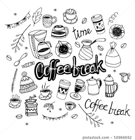 Set of coffee break icons. Doodle vector illustration. Isolated on white background 58966692