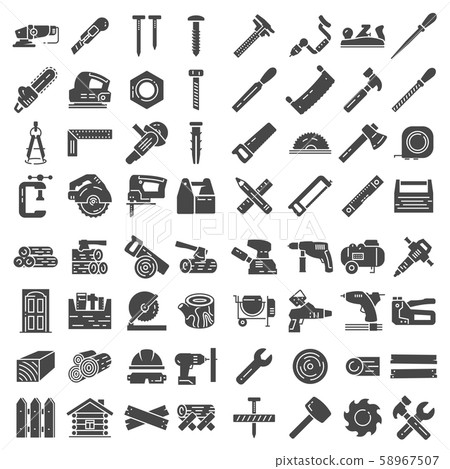 Carpentry industry equipment icons flat set on white background 58967507