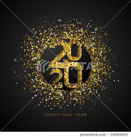 2020 Happy New Year illustration with gold number and falling confetti on black background. Vector 2020 Happy New Year illustration with gold number and falling confetti on black background. Vector 58969805