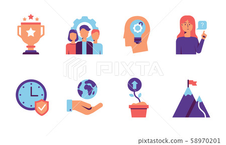 Modern Core values icon set with team, quality, innovations, customers, reliability, responsibility and growth concepts in purple and blue tones. Colorful icons for web isolated on white background. Modern Core values icon set with team, quality, innovations, customers, reliability, responsibility and growth concepts in purple and blue tones. Colorful icons for web isolated on white background. 58970201