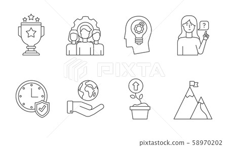 Success and leadership linear icons set. Personal growth and business development contour symbols. Company and self improvement. Teamwork and time management. Analytical thinking and brainstorming 58970202