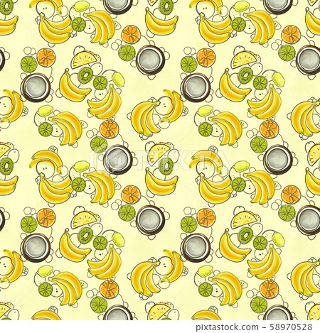 Hand drawn seamless pattern with bananas, coconuts, orange and lime. 58970528