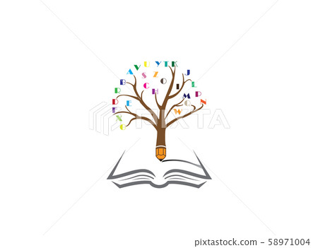 Pencil tree with the alphabet in twigs and write in an open book for logo design illustration on white background Pencil tree with the alphabet in twigs and write in an open book for logo design illustration on white background 58971004