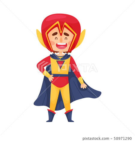 Little Boy In Bright Comic Superhero Costume And Big Helmet Vector Illustration Cartoon Character 58971290