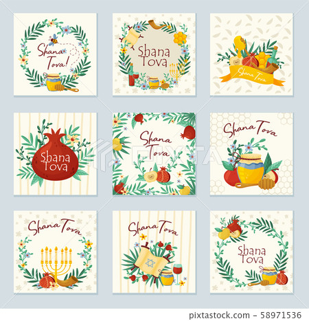 Shana Tova Jewish Holiday Main Symbols Concept Vector Illustrations Set Shana Tova Jewish Holiday Main Symbols Concept Vector Illustrations Set 58971536