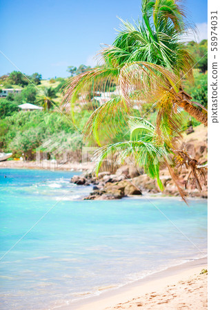 Idyllic tropical beach with white sand, turquoise ocean water and blue sky Idyllic tropical beach with white sand, turquoise ocean water and blue sky 58974031