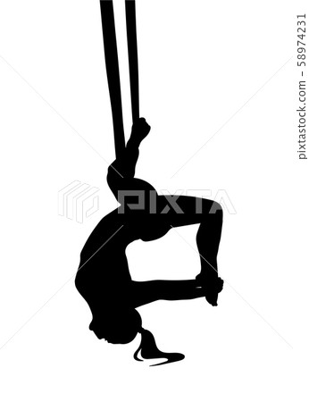 Young woman is doing one-legged king pigeon inverted pigeon aerial, fly yoga pose with aerial silk hammock. Dark vector sillhoeuette. 58974231