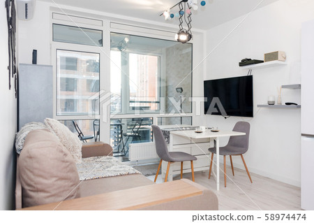 Minimalist modern living room with sofa in light 58974474