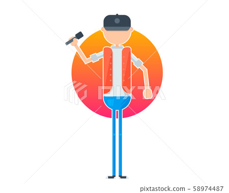 Vector young male rapper representation, dressed in a vest, jeans, converse shoes and snapback cap with a mike, and gradient circle behind him. Isolated on white background. 58974487