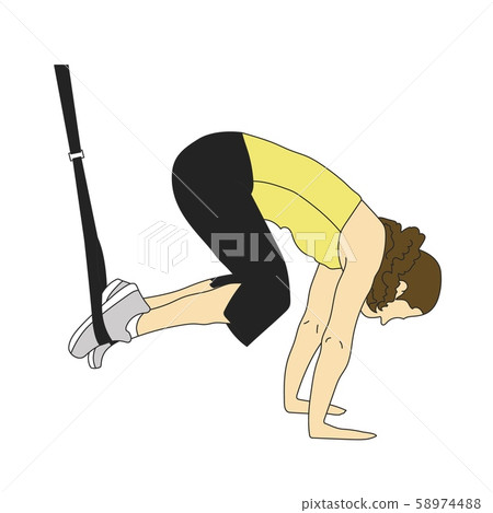Side view of woman doing TRX tuck knee exercises with a rope isolated on white. Colorful vector illustration. 58974488