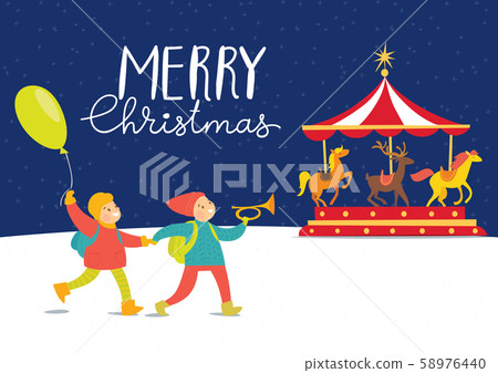 Vector Mery Christmas cards with happy children on a Christmas market 58976440