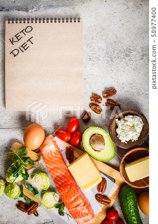 Keto diet food concept. Fish, eggs, cheese, nuts Keto diet food concept. Fish, eggs, cheese, nuts 58977400