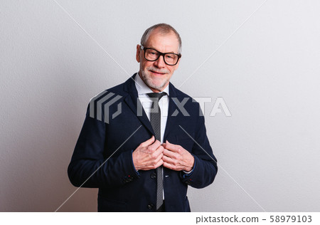 Portrait of a senior man with beard and mustache in a studio. 58979103