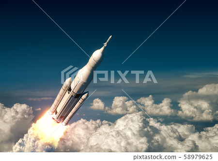 Flight Of Big Carrier Rocket Above The Clouds. 3D Illustration. Flight Of Big Carrier Rocket Above The Clouds. 3D Illustration. 58979625