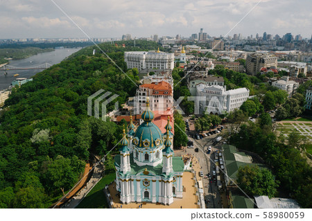 Aerial top view of Saint Andrew's church from above 58980059