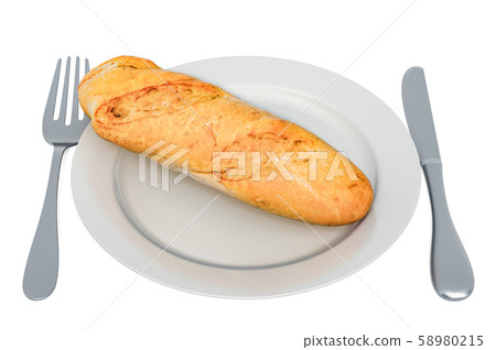 Mini baguette on plate with fork and knife 58980215