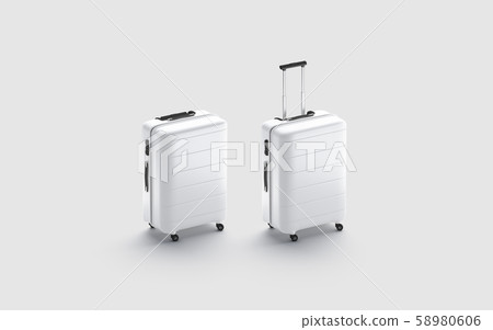 Blank white luggage mockup stand isolated on gray background Blank white luggage mockup stand isolated on gray background 58980606