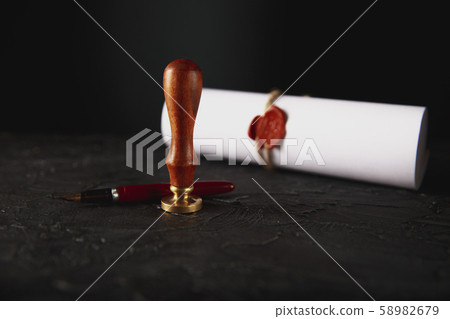 Law, attorney, notary public stamp and pen on desk. law will notary paper lawyer fountain pen seal 58982679
