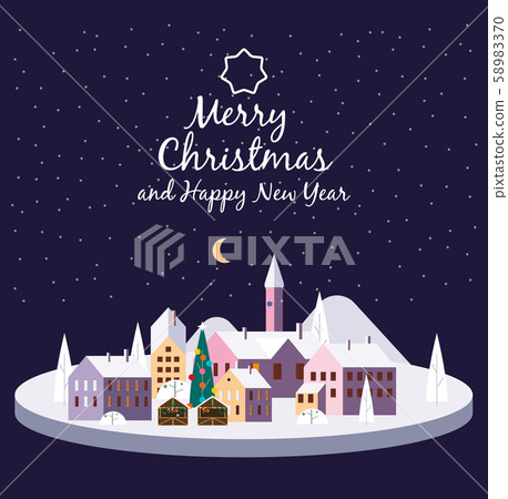 Merry Christmas urban night winter city street with old town houses and trees. Landscape with people Merry Christmas urban night winter city street with old town houses and trees. Landscape with people 58983370