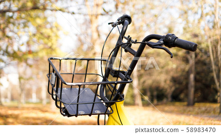 Yellow bike with fallen leaves in the setting sun. Autumn park 58983470