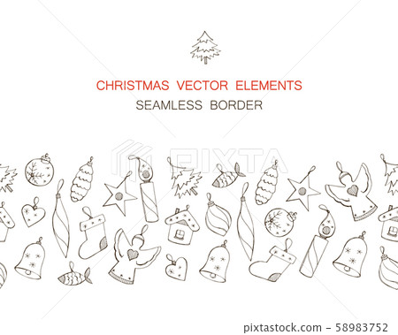 Vector seamless border with hand drawn Christmas decorations isolated on white background 58983752
