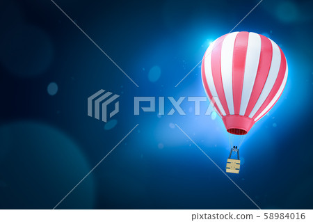 3d rendering of striped red and white hot air balloon on blue gradient bokeh background with copy 58984016