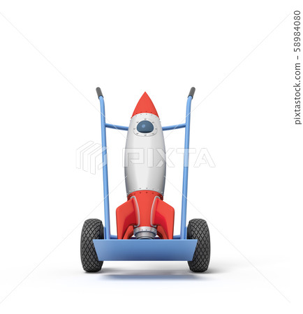 3d rendering of toy space rocket on blue hand truck. 58984080