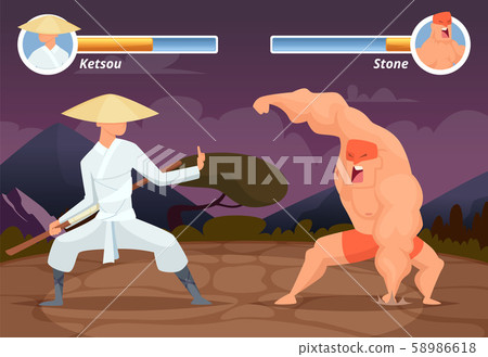 Game fighting. Screen location of computer 2D gaming asian fighter vs wrestler luchador vector 58986618
