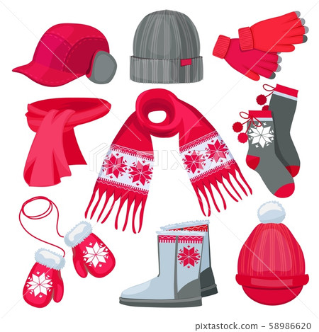 Winter clothes. Hat cap scarf mittens fur christmas fashion clothes isolated on white vector Winter clothes. Hat cap scarf mittens fur christmas fashion clothes isolated on white vector 58986620
