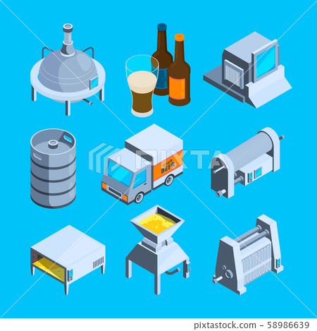 Beer production isometric. Vector tools of brewery 58986639