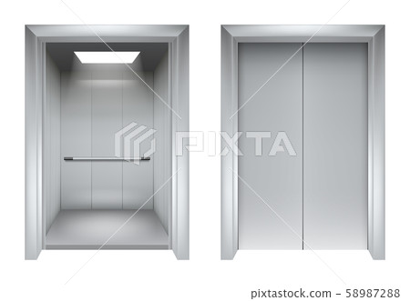 Elevator doors. Closing and opening lift metallic in office building vector realistic 3d pictures Elevator doors. Closing and opening lift metallic in office building vector realistic 3d pictures 58987288