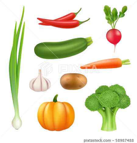 Vegetables realistic pictures. Healthy fresh food pumpkin broccoli cucumber pepper carrot vector 3d 58987488