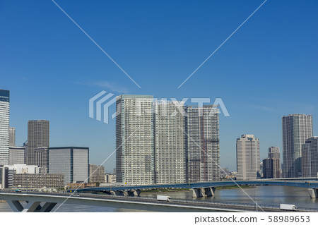 A view of the bridge over the Harumi Canal in Tokyo A view of the bridge over the Harumi Canal in Tokyo 58989653