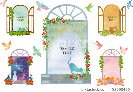 窗戶：窗框，窗框，裝飾框，水彩，貓，可愛的植物，三葉草，樹木，風景，夜空 58990450