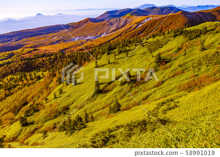 從Hagahira沼澤地,Shirane山和日本國道的最高點 從Hagahira沼澤地,Shirane山和日本國道的最高點 58991019