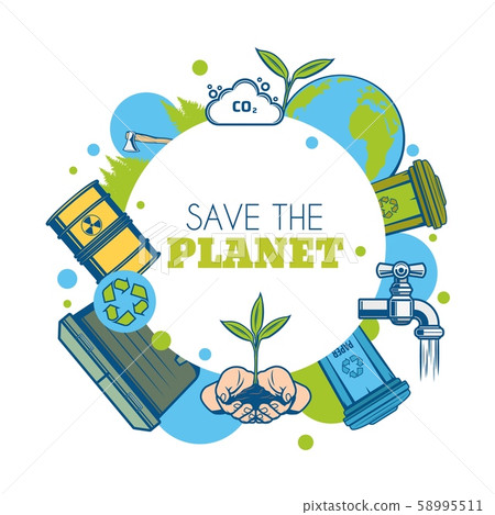 Earth planet, green tree and recycle bins icon 58995511